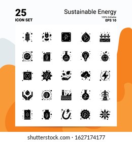 25 Sustainable Energy Icon Set. 100% Editable EPS 10 Files. Business Logo Concept Ideas Solid Glyph icon design