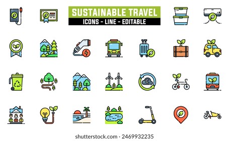 25 sustainable travel icons set, vector line, editable stroke.