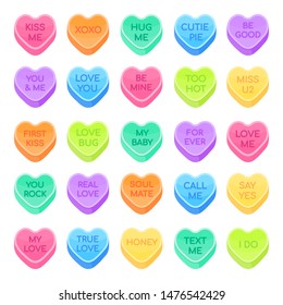 25 Sweethearts candy set flat style design vector illustration isolated on white background. Sweet heart shape with inspiration conversations text and date candy treat, Valentine day symbols.