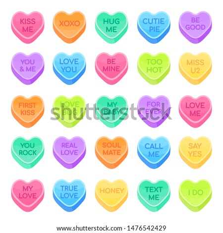 25 Sweethearts candy set flat style design vector illustration isolated on white background. Sweet heart shape with inspiration conversations text and date candy treat, Valentine day symbols.
