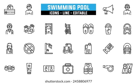 25 swimming pool icons set, vector line, editable stroke.