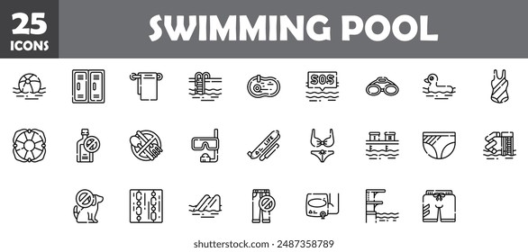 25 swimming pool icons set, vector line, editable stroke.