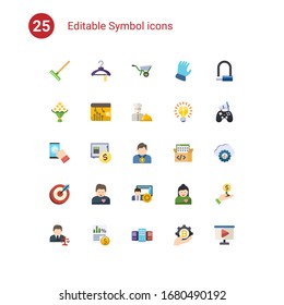 25 symbol flat icons set isolated on . Icons set with Rake, Clothes, Wheelbarrow, bouquet, digital wallet, chefs dish, testing, rent deposit, winner, goal, girlfriend, social media management icons.