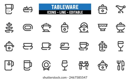 25 iconos de vajilla, línea de Vector, trazo editable.