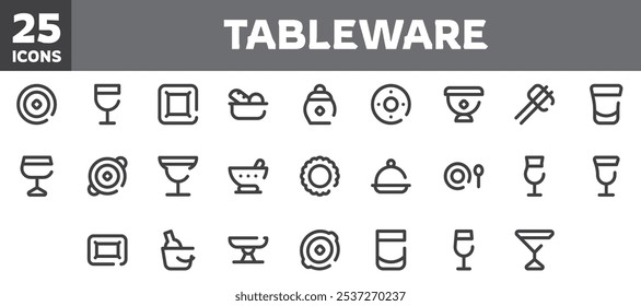 25 tableware icons set, vector line, editable stroke.