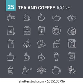 25 Tea and coffee line icons on dark background, vector eps10 illustration