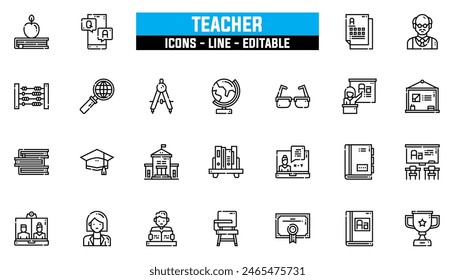 25 teacher icons set, vector line, editable stroke.