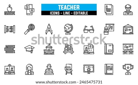 25 teacher icons set, vector line, editable stroke.