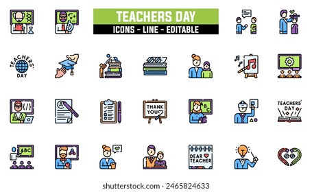 25 teachers day icons set, vector line, editable stroke.