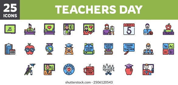 25 teachers day icons set, vector line, editable stroke.