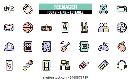 25 teenager icons set, vector line, editable stroke.