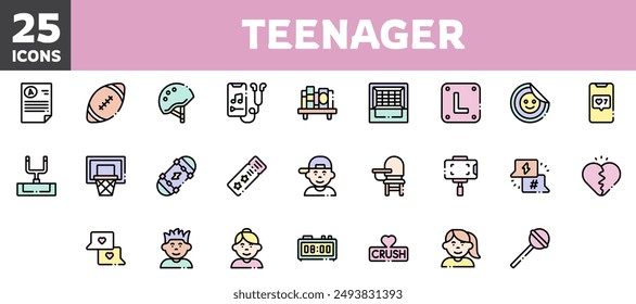 25 teenager icons set, vector line, editable stroke.