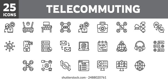 25 iconos de teletrabajo conjunto, línea de Vector, trazo editable.