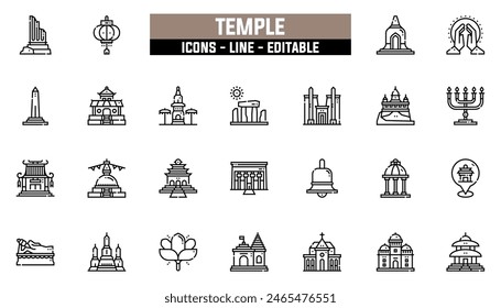 25 temple icons set, vector line, editable stroke.