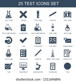 25 test icons. Trendy test icons white background. Included filled icons such as test tube, cross, pipette, tube search, clipboard, MRI, tick. icon for web and mobile.