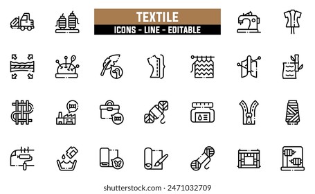 25 textile icons set, vector line, editable stroke.