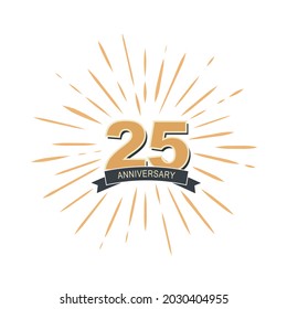 25 Th anniversary logo numbers with ribbon and fireworks vector illustration. Vintage of holiday, birthday celebrating