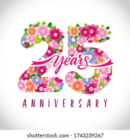 25 th anniversary numbers. 25 years old logotype. Floral pink congrats. Isolated abstract graphic design template. Cute creative holiday age digits, ribbon font. Up to 25%, -25% percent off discount.