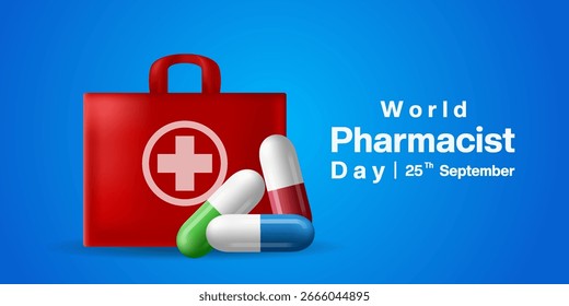El 25 de septiembre es el Día Mundial del Farmacéutico. Medicina. Adecuado para carteles, Anuncios y redes sociales. Fondo azul.