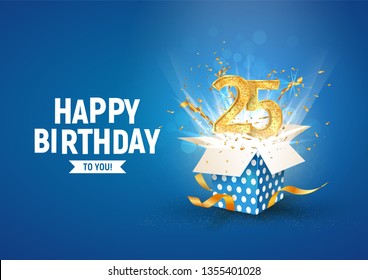 25 th years anniversary banner with open burst gift box. Template twenty fifth birthday celebration and abstract text on blue background vector illustration