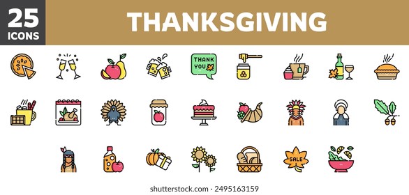25 thanksgiving icons set, vector line, editable stroke.