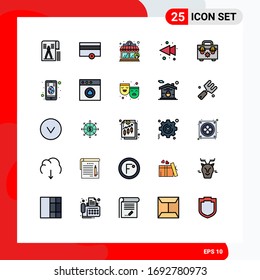 25 Thematic Vector Filled line Flat Colors and Editable Symbols of cell; construction; coffee house; bag; left Editable Vector Design Elements