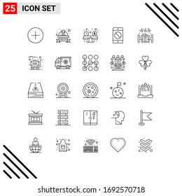 25 Thematic Vector Lines and Editable Symbols of home; error; labour badge; devices; cellphone Editable Vector Design Elements