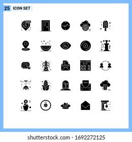 25 Thematic Vector Solid Glyphs and Editable Symbols of data; globe; room; computing; check Editable Vector Design Elements