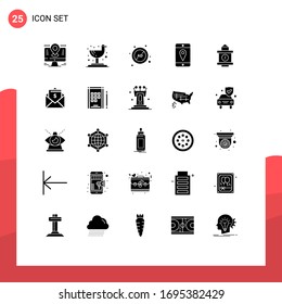 25 Thematic Vector Solid Glyphs and Editable Symbols of time; cell; ad; location; protection Editable Vector Design Elements