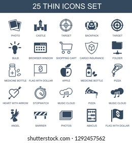 25 thin icons. Trendy thin icons white background. Included filled and outline icons such as photo, castle, target, backpack, bulb, browser window. thin icon for web and mobile.