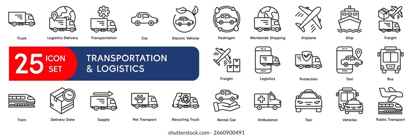 25 Thin Line Transportation and Logistics Icons Set