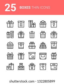 25 Thin vector box icons with ribbons for web site and mobile design. Package, gift, present, happy birthday, party box icons set