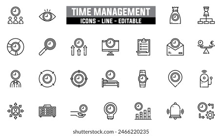 25 time management icons set, vector line, editable stroke.