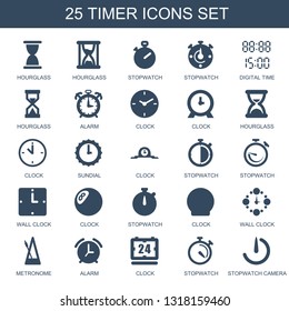 25 timer icons. Trendy timer icons white background. Included filled icons such as hourglass, stopwatch, digital time, alarm, clock, sundial, wall clock. timer icon for web and mobile.