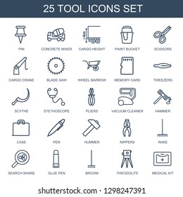 25 tool icons. Trendy tool icons white background. Included outline icons such as pin, concrete mixer, cargo height, paint bucket, scissors, cargo crane. tool icon for web and mobile.