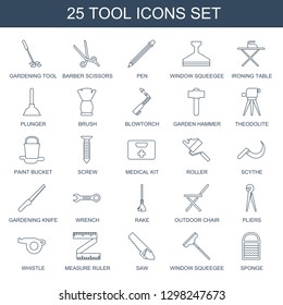 25 tool icons. Trendy tool icons white background. Included line icons such as gardening tool, barber scissors, pen, window squeegee, ironing table. icon for web and mobile.