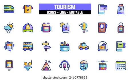 25 tourism icons set, vector line, editable stroke.