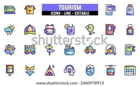 25 tourism icons set, vector line, editable stroke.