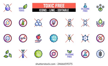 25 toxic free icons set, vector line, editable stroke.