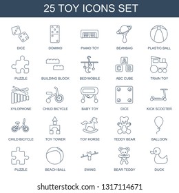 25 toy icons. Trendy toy icons white background. Included line icons such as dice, domino, piano toy, beanbag, plastic ball, puzzle, building block. icon for web and mobile.