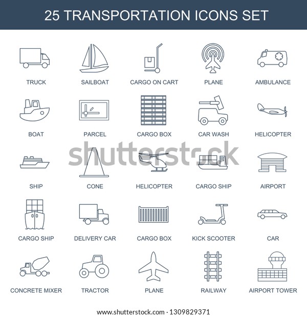 25 transportation\
icons. Trendy transportation icons white background. Included line\
icons such as truck, sailboat, cargo on cart, plane. transportation\
icon for web and mobile.
