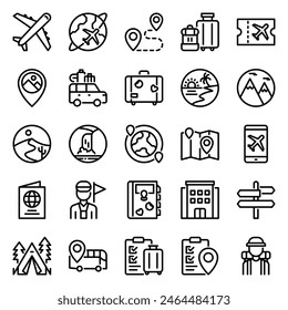 25 travel icons in line style including ticket, airplane, route, vacation, beach, mountain, hotel, etc.
