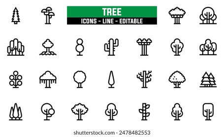 25 tree icons set, vector line, editable stroke.