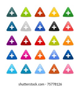 25 triangular web buttons with plus sign. Colored satin smooth icon with shadow on white