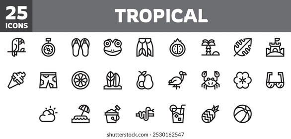 25 tropical icons set, vector line, editable stroke.