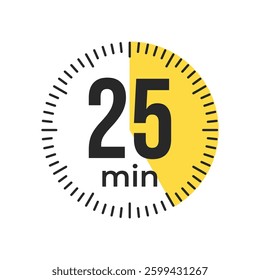 25 twenty five minute Timer, clock, stopwatch isolated icons. Countdown timer symbol. Label cooking time. Minute timer, Time measure, Chronometer, Alarm, Kitchen timer, label, sticker, stamp.  Vector
