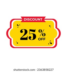 25%, twenty five percent. Discount banner shape. Sale coupon. Red and yellow tag. Special offer badge. Modern concept design. Tag with offer badge. Vector