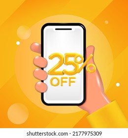 25 or Twenty five percent off design. Hand holding a mobile phone with an offer message. Special discount promotion, sale poster template. Vector illustration