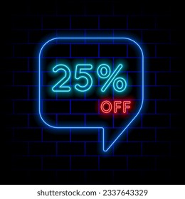 25% twenty five percent off neon lettering. vector illustration. bricks background. in blue and red colors.