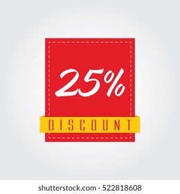 25 - twenty-five percent discount label with a line of edge stitching and yellow ribbons on white background